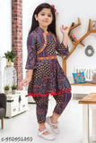Rayon dhuti kurti set for girls, printed top and bottom with three-quarter sleeves, Indian ethnic wear on model