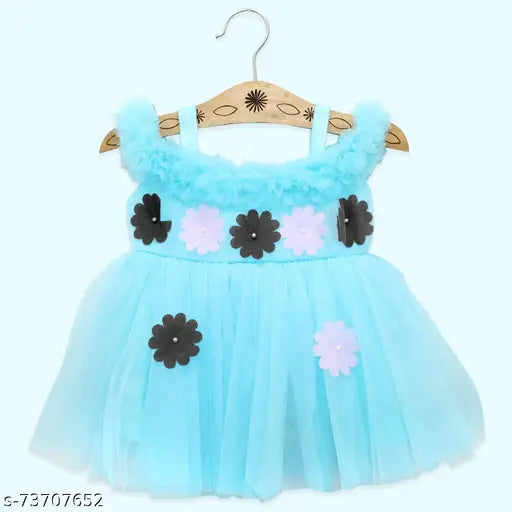 Cotton fit and flare knee-length dress, self-design net applique floral pattern for 3-6 month old baby girl