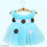 Cotton fit and flare knee-length dress, self-design net applique floral pattern for 3-6 month old baby girl