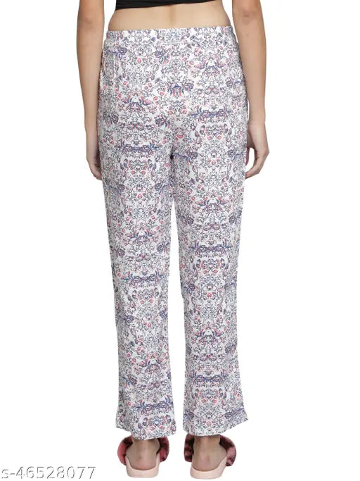 White rayon floral printed maxi pyjama for lounging comfort, perfect for any age