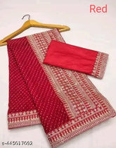 Red Georgette Leheriya Saree with Embroidery, trendy printed blouse and Bangalori silk blouse