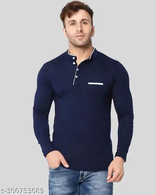 Indian-made, solid cotton Henley neck full sleeve t-shirt in regular fit - ideal for casual wear