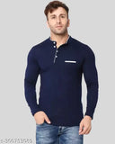 Indian-made, solid cotton Henley neck full sleeve t-shirt in regular fit - ideal for casual wear