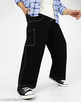 Black dyed/washed denim men's stylish baggy jeans (size 28: waist 30in, length 39in, hip 38in; size 30: waist 32in, length 40in, hip 40in; size 32: waist 34in, length 40in, hip 42in) from India
