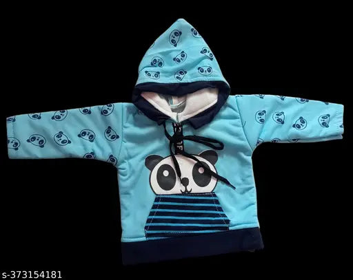 Winter wool hoodies for boys & girls in printed net pattern, warm winter suits in sizes 0-3 months to 12-18 months, made from long sleeve wool fabric, origin India
