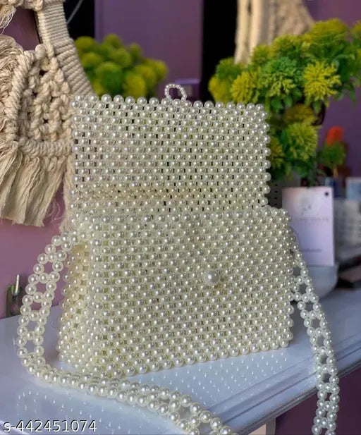 Acrylic beads handbag, black, elegant accessory for fashion-forward women. Handcrafted in India