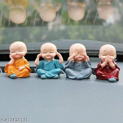 Baby Buddha Set of 4 - Indian religious idols for car, home, office decorations. Lightweight, portable, easy-to-use religious showpiece (monk figures)