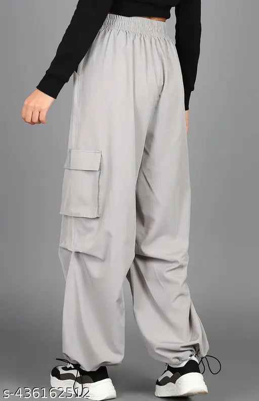 Grey poly blend high-waisted lose cargo trousers for women and girls, with side pockets and durable stretch for casual wear