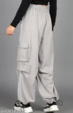 Grey poly blend high-waisted lose cargo trousers for women and girls, with side pockets and durable stretch for casual wear