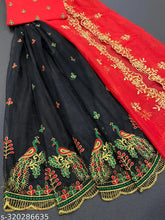 Embroidered peacock design dupion silk lehenga choli and net dupatta, multi-thread work and semi-stitch/cut work border, India