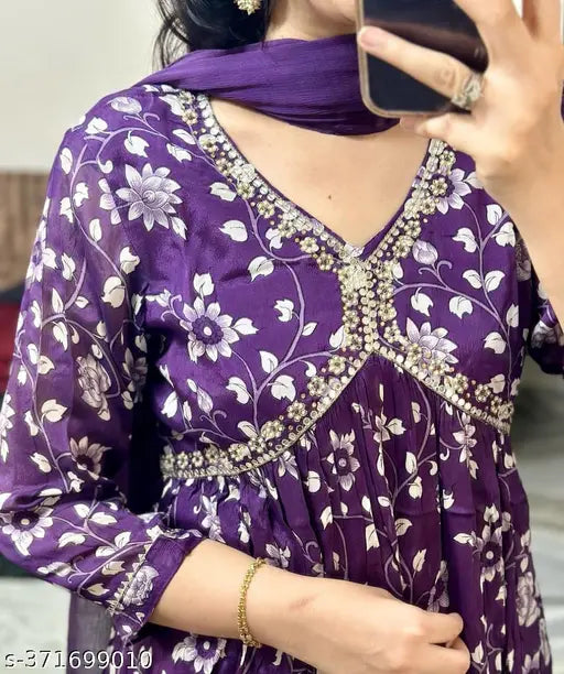 Purple Alia Cut cotton three-quarter sleeve printed top, showcasing vibrant Indian pattern. S (36in bust, 42in length), L (40in bust, 42in length), XXL (44in bust, 42in length), XXXL (46in bust, 42in length), 4XL (48in bust, 42in length), 7XL (52in bust, 42in length)