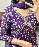 Purple Alia Cut cotton three-quarter sleeve printed top, showcasing vibrant Indian pattern. S (36in bust, 42in length), L (40in bust, 42in length), XXL (44in bust, 42in length), XXXL (46in bust, 42in length), 4XL (48in bust, 42in length), 7XL (52in bust, 42in length)