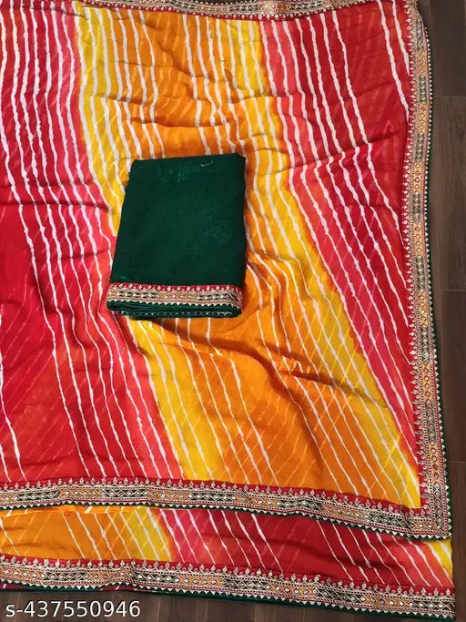 Multi-colored Lahariya print Georgette saree with Dhaga embroidery and lace borders, free size, India