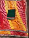 Multi-colored Lahariya print Georgette saree with Dhaga embroidery and lace borders, free size, India