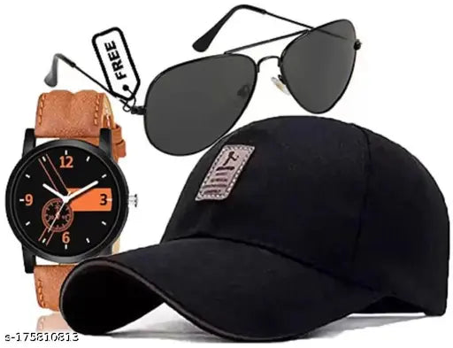 Stylish sun-protected watch and printed embellished Ediko cap set for men - cotton base cap with adjustable strap and self-designed print, origin India (3pcs)