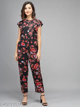 Black crepe jumpsuit with red flower print, women's trendy floral printed jumpsuit from India. Short sleeves, sizes S-XL available