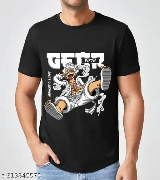 Men's black polyester T-shirt with Gear Luffy print, short sleeves, comfortable fit, India origin