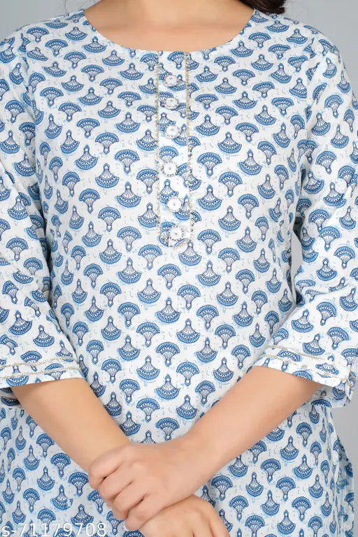 Rayon kurti with printed rayon pants - Indian traditional kurta set with three-quarter sleeves, M, L, XL, XXL sizes available