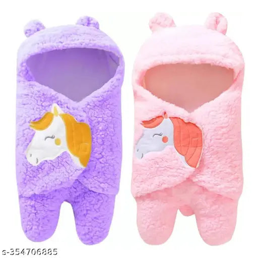Microfiber Aakriti Unicorn embroidered baby hooded wrapper/blanket pack of 2, free size, ultra-soft fabric, trendy design, India origin