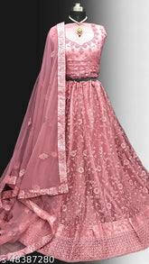 Designer pink net lehenga choli with embroidery work, unstitched blouse piece, and soft net dupatta - perfect for parties, weddings, or festivals