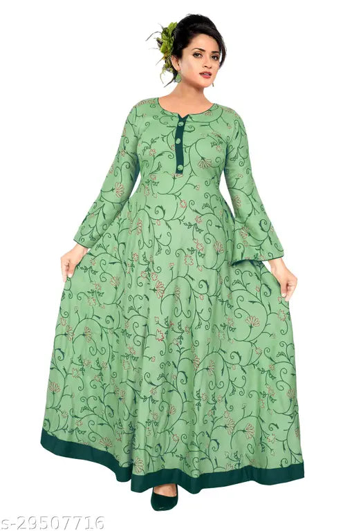 India-origin Myra refined rayon kurti, single pista bell print design with three-quarter sleeves