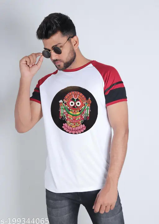 Printed polycotton Jagannath Vishnu round neck tee, vibrant design for casual wear on model