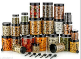 Black PETG plastic dry fruit jars, 18-piece pack, 1200ml, 650ml, 350ml, airtight for kitchen storage