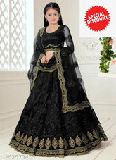 Black embroidered net lahenga for teenagers, semi-stitched and short-sleeved Indian fashion