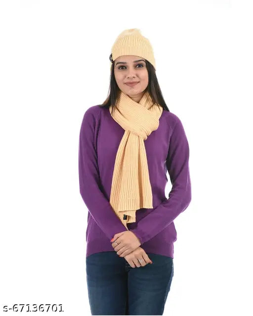 Cream cotton net women's warm woolen hair yarn cap with fur lining and open muffler - ideal for cold weather, India origin