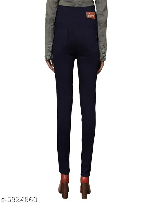 Solid navy blue denim skinny fit stretchable high waist jeggings with elastic closer, women's ankle length jeans for fashionable everyday wear