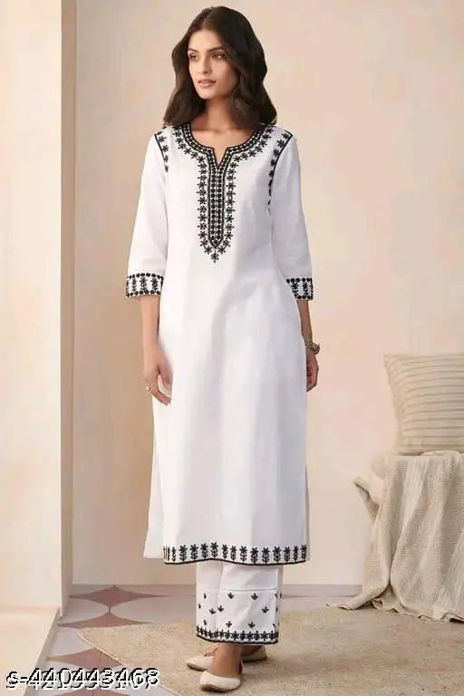 Cotton trendy kurta set, solid pattern rayon palazzos bottomwear for women