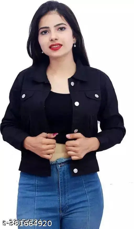 Black denim jacket for girls, solid design in kid's sizes 12-16 years, made in India