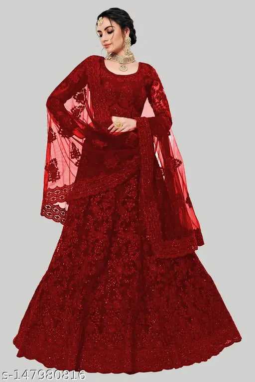 Red embroidered semi-stitched lehenga set with net fabric, traditional Indian bridal wear