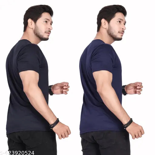 Black & Blue Mens Solid Round Neck T-Shirt Pack, 100% polyester blend, gym and sports suitable, classic look