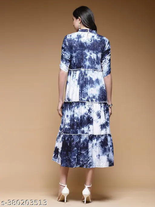 Blue rayon tie-dye printed 3-tiered flared kurta with short sleeves and frill neck, India origin