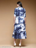 Blue rayon tie-dye printed 3-tiered flared kurta with short sleeves and frill neck, India origin