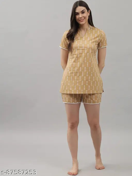 Light Brown Rayon Night Suit Top & Pyjama Set - Printed, Relaxed-fitting, Cozy Women's Sleepwear from Shararat (India)