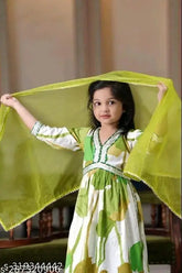 Girls rayon printed kurta suit set with A-line top and harem pants, three-quarter sleeves, 9-10 years size, India origin
