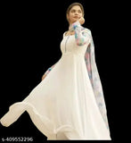 White Georgette kurti set with dupatta, printed in pastel shades and full sleeves - India-made fashion