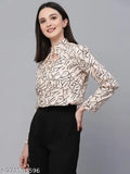 Beige and black abstract print polyester smart casual top with long sleeves, sophisticated mandarin collar, and full puff sleeves. Modern fit, country of origin: India