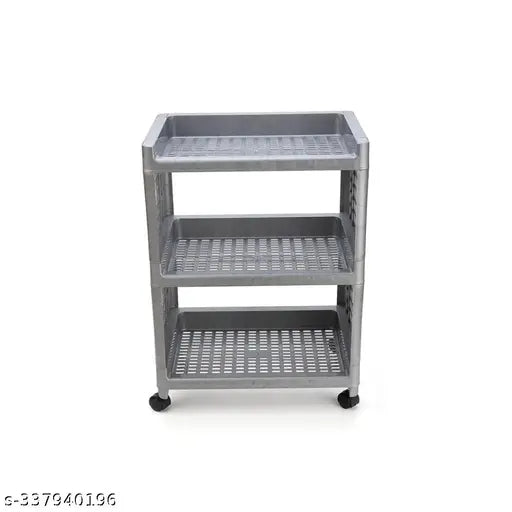 Grey plastic 3-layer kitchen and office storage organizer with wheels, ideal for home or office use