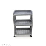 Grey plastic 3-layer kitchen and office storage organizer with wheels, ideal for home or office use