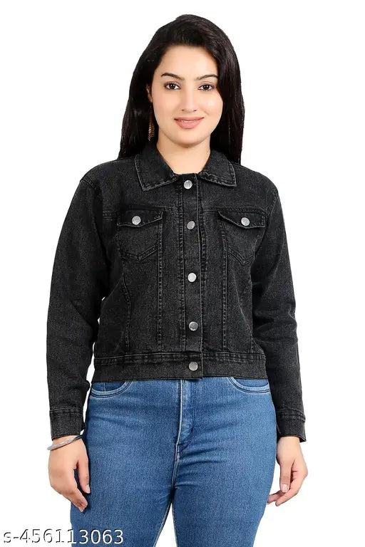 Comfy women's solid black denim jacket, long sleeves, size S (36in bust, 20in length), India-made