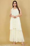 Unique white georgette partywear embroidered sharara suit & dupatta, sleeveless, pack of 3 sizes (XS-XXL)