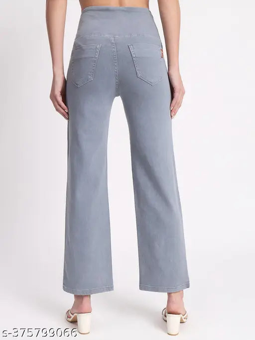 Solid grey denim jeggings for women, stretchable high waist elastic closer fit