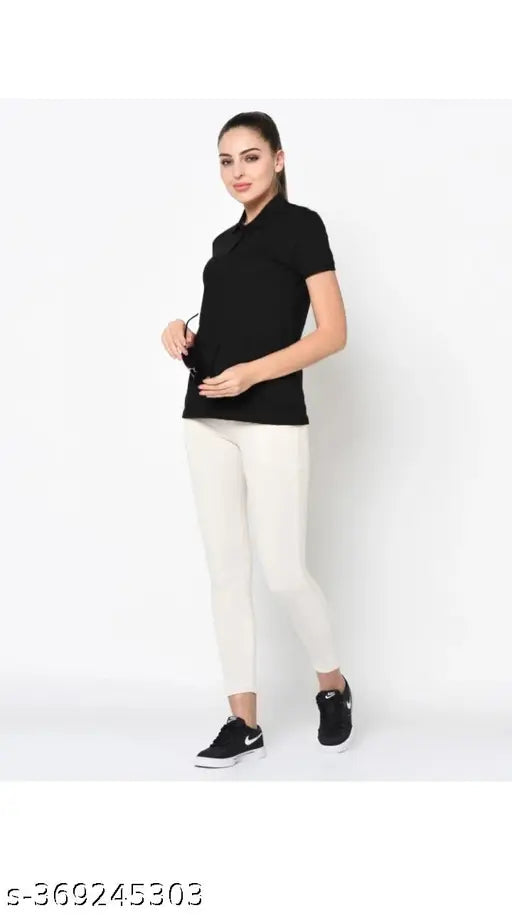 Black cotton blend women's polo neck t-shirt, short sleeves, solid design, S-XXXL sizes available