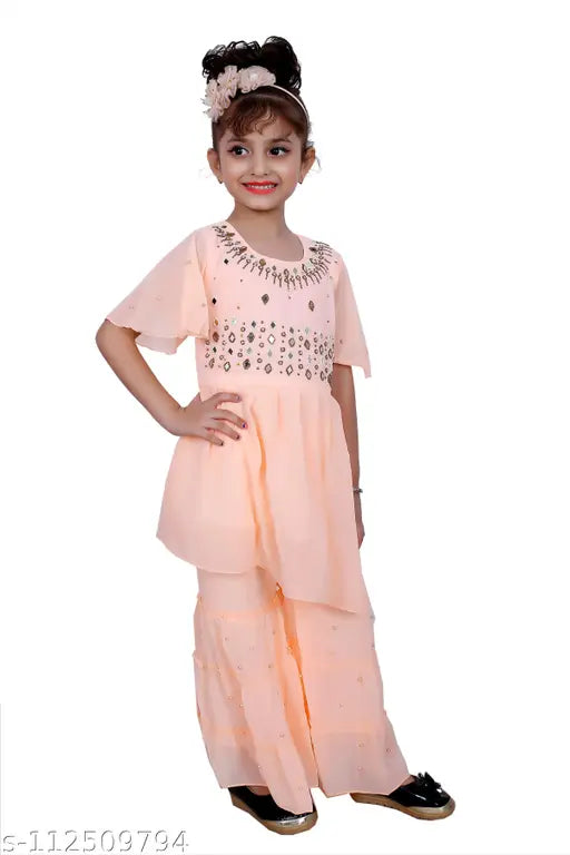 Orange designer embroidery kurta & sharara suit for girls, 3-4 yrs - Hariyal Creation. Indian ethnic party/casual wear in sizes 3-9 years