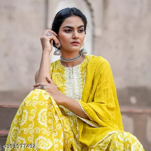 Cotton blend bandhni-printed anarkali kurta sharara set with dupatta & bottomwear - Indian women's fashion