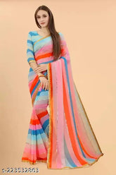 Embellished Georgette saree with separate blouse in printed net, embroidered Sicvans work - Indian festive wear, free size (Saree length 5.5m, Blouse length 0.8m)