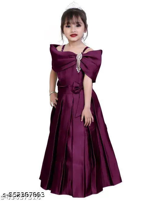 Purple silk maxi dress, stylish western design for girls. Best-selling, premium quality partywear gown for kids birthdays or celebrations. Sleeve length: short, suitable for ages 9-10 and 10-11 years